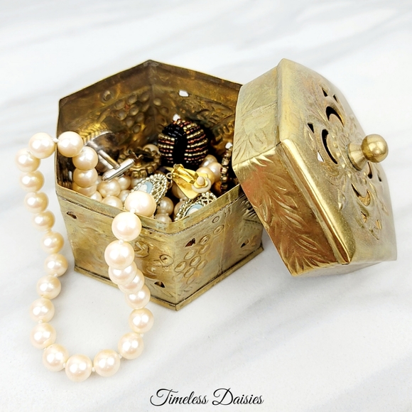 Vintage Gold Brass Jewelry Box Brass Cottagecore Shabby Chic Vanity Home Decor
